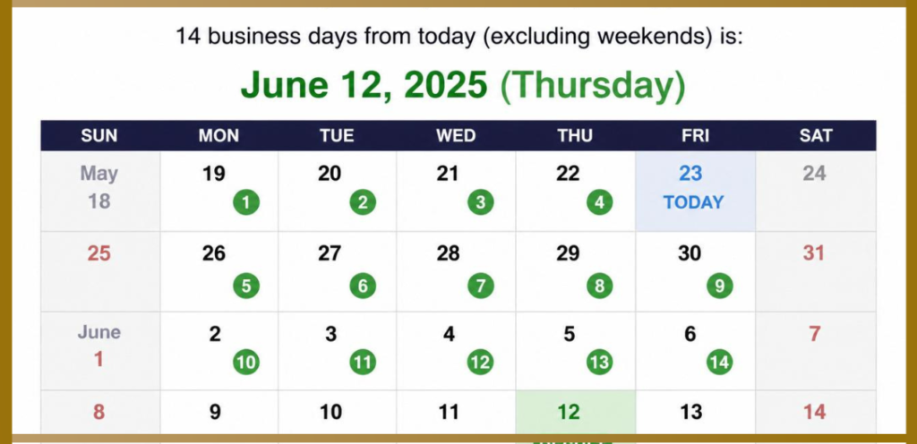 What Date Is 14 Days From Today When Excluding Weekends?